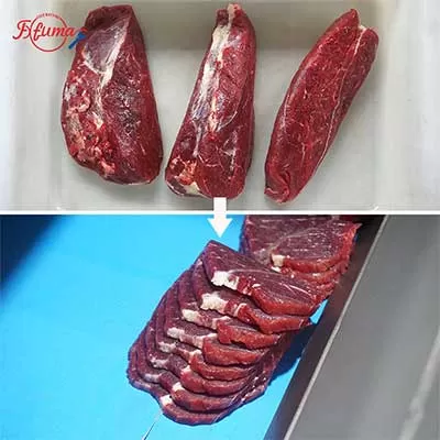 cutting steak by horizontal meat cutting machine