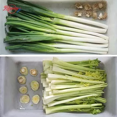 Industrial dual-head garlic sprout and vegetable root cutter machine with adjustable blade for precise trimming.