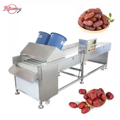 This image shows our specialized dry cleaning and polishing machine for red dates and dates. The machine features a series of food-grade nylon brushes that rotate to clean and polish the fruits without water. Two integrated high-pressure air dryers then remove any remaining dust and ensure the surface is dry.