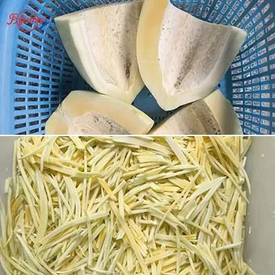 FC-501D dual-hopper fruit and vegetable slicing and shredding machine processing papaya, carrots, and potatoes into uniform strips