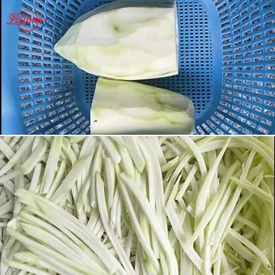 FC-501D dual-hopper fruit and vegetable slicing and shredding machine processing papaya, carrots, and potatoes into uniform strips