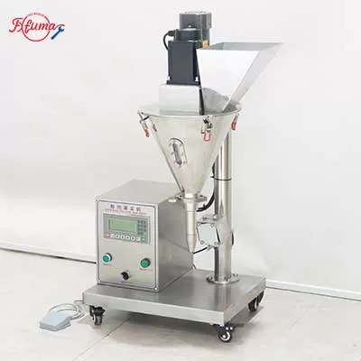 Semi-automatic weighing filling machine, showing an operator performing manual bag placement