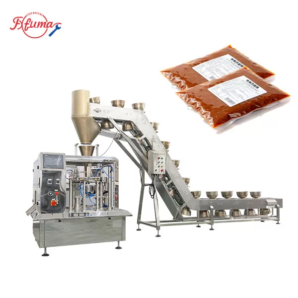 bowl conveyor Automated food packaging line: Integrated system of bowl feeder and portioning packaging machine.
